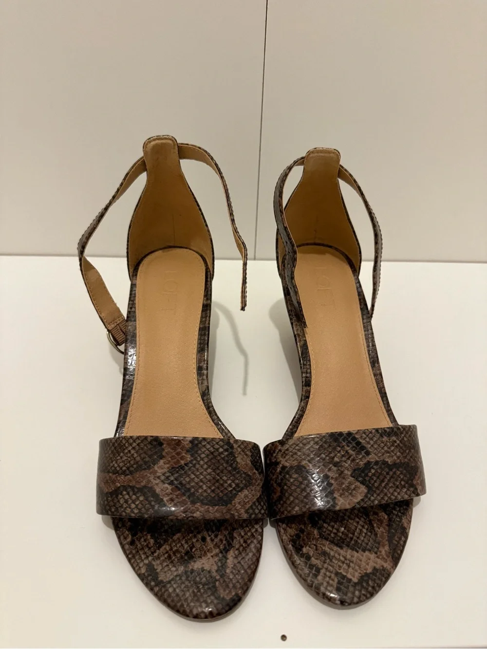 Loft Brown Snake-Print Wedge Ankle Strap Sandals